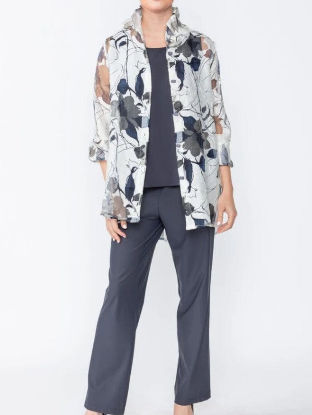 IC COLLECTION Sheer Floral Print Top in Blue, Gray, Tan
